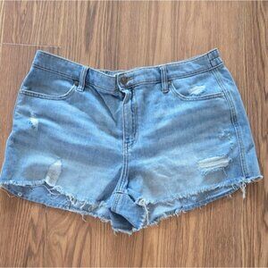 aerie Light Wash Distressed High Rise Elastic Waist Size Large Jean Shorts